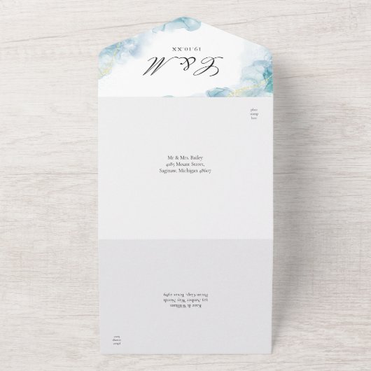 Blauw Abstract Waterverf Elegant Bruiloft All In One Uitnodiging (Buitenkant)