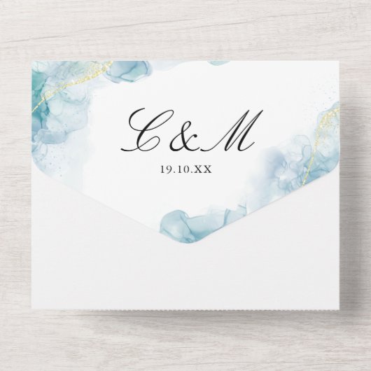 Blauw Abstract Waterverf Elegant Bruiloft All In One Uitnodiging (Achterkant)