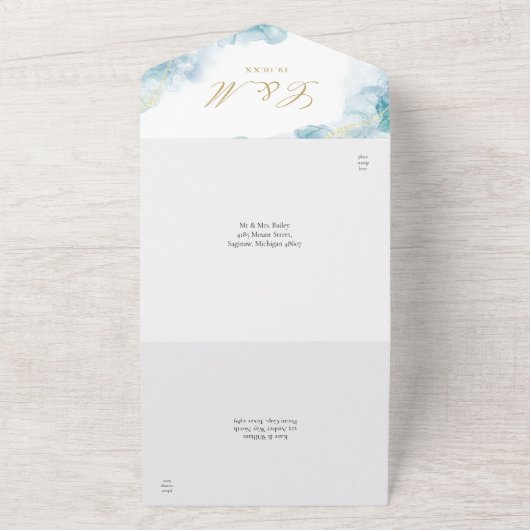 Blauw Abstract Waterverf Elegant Gouden Bruiloft All In One Uitnodiging (Buitenkant)