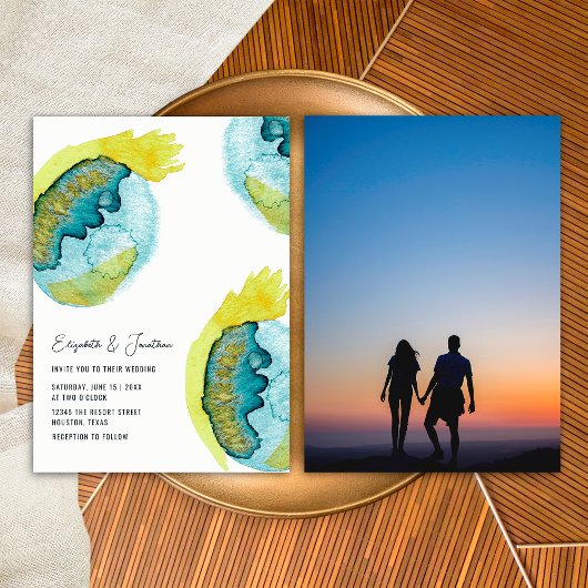 Blauw Abstract Waterverf Kunst Unieke Foto Bruilof Kaart