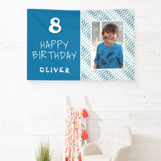 Blauw Abstract Wave Boy Foto Happy Birthday Spandoek (Insitu)