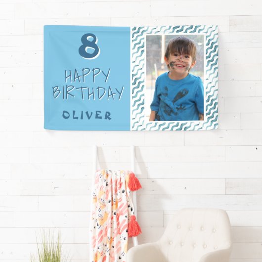 Blauw Abstract Wave Boy Foto Happy Birthday Spandoek (Insitu)
