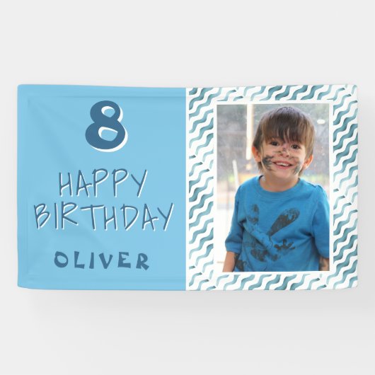 Blauw Abstract Wave Boy Foto Happy Birthday Spandoek (Horizontaal)