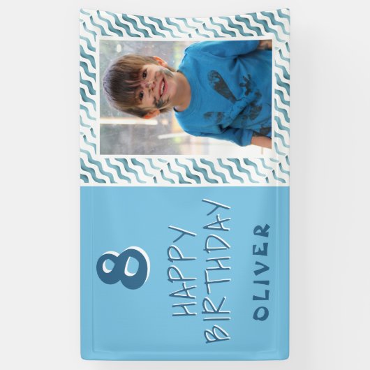 Blauw Abstract Wave Boy Foto Happy Birthday Spandoek (Verticaal)