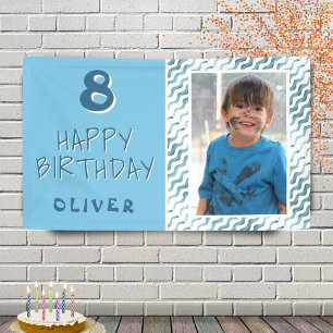 Blauw Abstract Wave Boy Foto Happy Birthday Spandoek