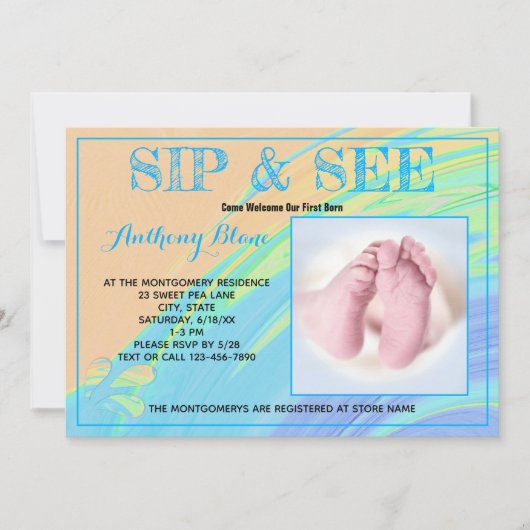 Blauw Abstracte sierstrip en zie Aangepaste foto Kaart (Voorkant)