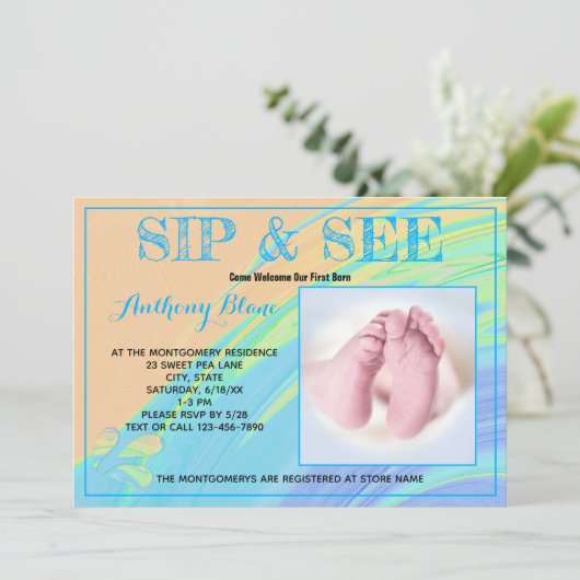 Blauw Abstracte sierstrip en zie Aangepaste foto Kaart (Staand voorkant)