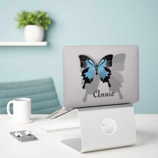Blauw achtergrondschaduwcontour voor Butterfly Sticker (Laptop op bureau)