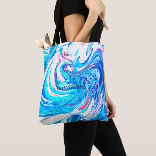 Blauw Acryl Schilderen Abstract Splatter Swirl Tote Bag (Dichtbij)