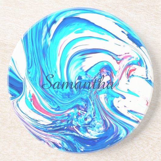 Blauw Acryl Schilderen Abstract Splatter Swirl Zandsteen Onderzetter (Voorkant)
