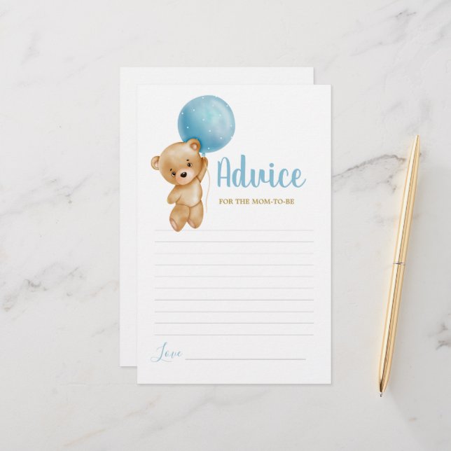 Blauw advieskaart met teddybeer voor aanstaande mo (Voorkant / Achterkant in situ)