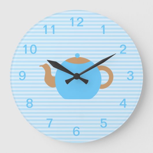 Blauw afbeelding theepot op blauwe strepen. grote klok (Voorkant)