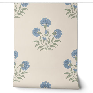 Blauw Afrikaner Bloempatroon Warme Crème Achtergro Behang