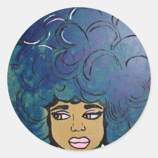 Blauw Afro Ebony Meisje Groot Haar Ronde Sticker