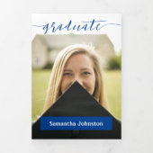 Blauw Afstudeer Script Modern Drie Foto Drieluik Uitnodiging (Cover)