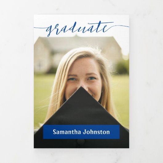 Blauw Afstudeer Script Modern Drie Foto Drieluik Uitnodiging (Cover)