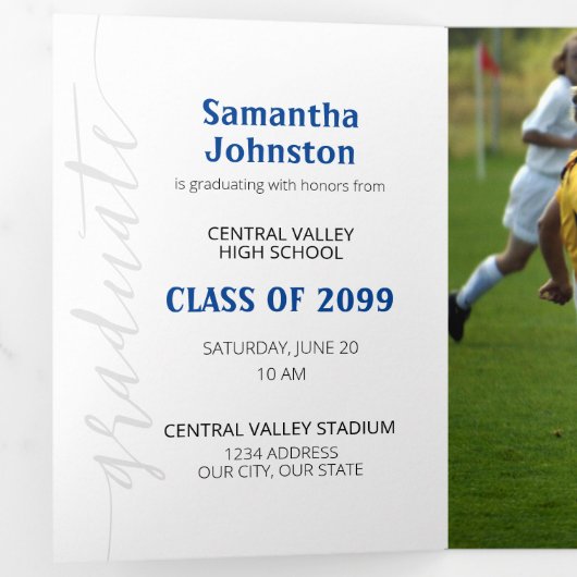 Blauw Afstudeer Script Modern Drie Foto Drieluik Uitnodiging (Binnenzijde eerst)