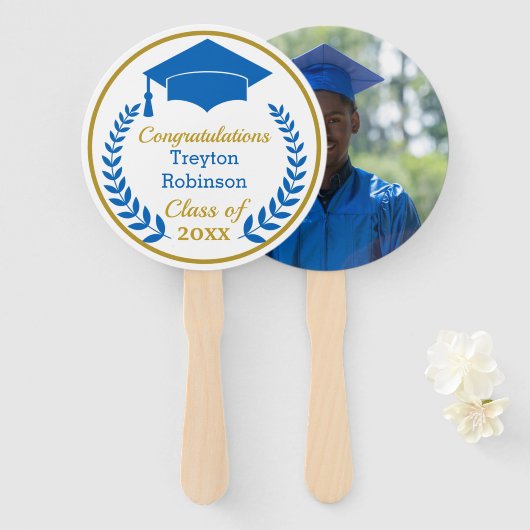 Blauw Afstudeerder Pet Afstuderen Foto hand Fan Handwaaier (Voorkant en achterkant)