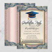 Blauw Afstudeerder Pet, Wijn, Confetti Roos Goud A Kaart (Voorkant / Achterkant)