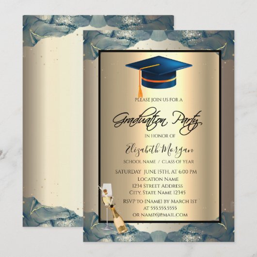 Blauw Afstudeerder Pet, Wijn, Glas Champagne Kaart (Voorkant / Achterkant)