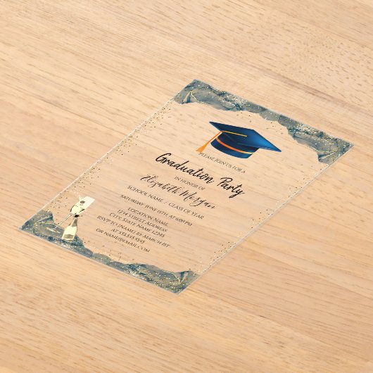 Blauw Afstudeerder Pet, Wijnglas Confetti Afstuder Acryl Uitnodigingen (Laagn)