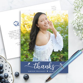 Blauw afstudeerfoto Chic Script Hartjes Bedankt Briefkaart