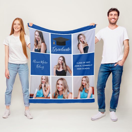 Blauw afstudeerfoto collage Aangepaste afstuderen  Fleece Deken (In situ)