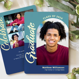 Blauw Afstuderen 4 Foto Bold Arch Party Real Gold Folie Uitnodiging