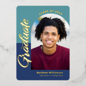 Blauw Afstuderen 4 Foto Bold Arch Party Real Gold Folie Uitnodiging (Voorkant)