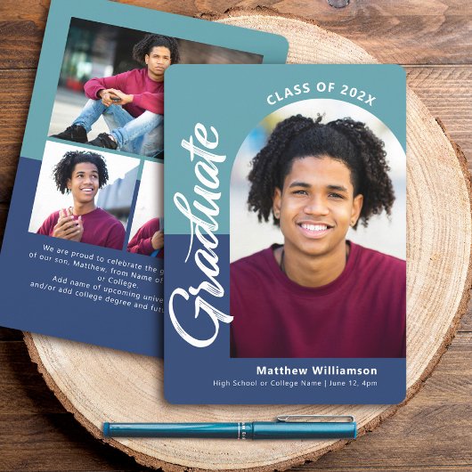 Blauw Afstuderen 4 Foto Bold Arch Script Modern Aankondiging