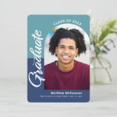 Blauw Afstuderen 4 Foto Bold Arch Script Modern Aankondiging (Staand voorkant)