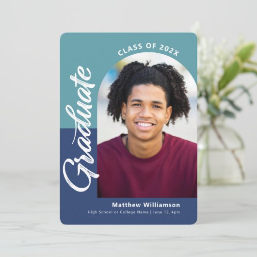 Blauw Afstuderen 4 Foto Bold Arch Script Modern Aankondiging (Staand voorkant)