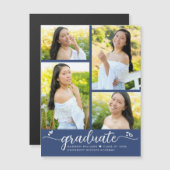 Blauw Afstuderen 4 Fotoscript Hearts Modern Girly Magnetische Uitnodiging (Voorkant / Achterkant)
