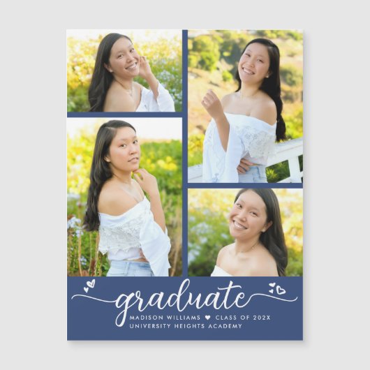 Blauw Afstuderen 4 Fotoscript Hearts Modern Girly Magnetische Uitnodiging (Voorkant)