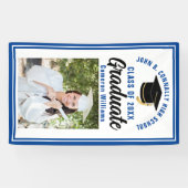 Blauw Afstuderen Foto Aangepaste Cute Graduparty Spandoek (Horizontaal)