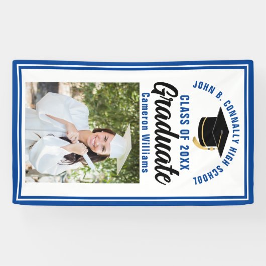 Blauw Afstuderen Foto Aangepaste Cute Graduparty Spandoek (Horizontaal)
