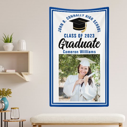 Blauw Afstuderen Foto Aangepaste Cute Graduparty Spandoek