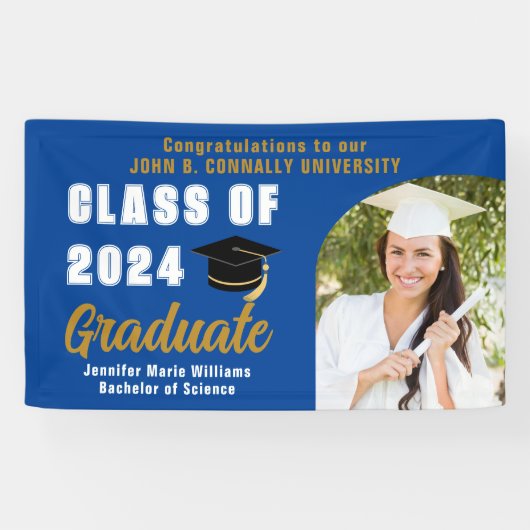 Blauw Afstuderen Foto Arch Modern Graduation Party Spandoek (Horizontaal)