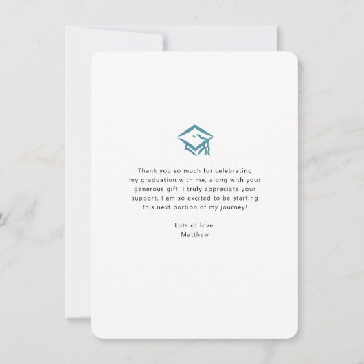 Blauw Afstuderen Foto Bold Arch Script Modern Bedankkaart (Achterkant)