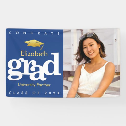 Blauw afstuderen foto goud pet eenvoudig vet moder spandoek (Horizontaal)