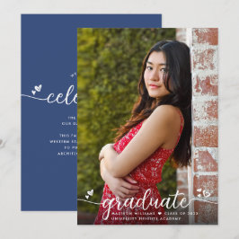 Blauw Afstuderen Foto kalligrafie Hearts Modern Aankondiging