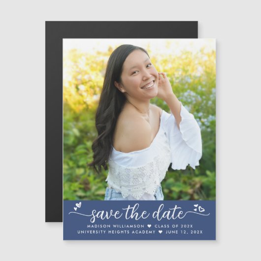 Blauw Afstuderen Foto Opslaan Datum Script Harten  Magnetische Uitnodiging (Voorkant / Achterkant)