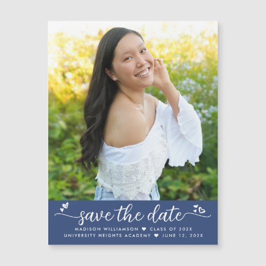 Blauw Afstuderen Foto Opslaan Datum Script Harten  Magnetische Uitnodiging (Voorkant)