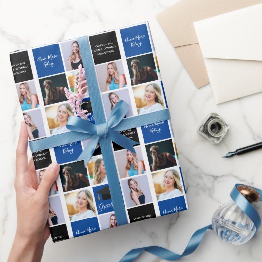 Blauw Afstuderen Fotocollage Klasse van 2025 Afstu Cadeaupapier (Geschenken)