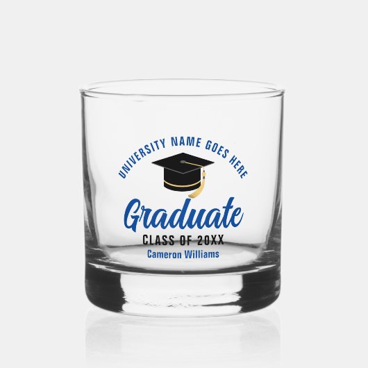 Blauw afstuderen gepersonaliseerde afgestudeerde n whisky glas (Voorkant)