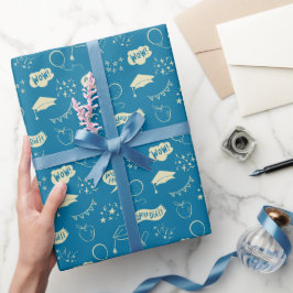 Blauw Afstuderen Hand getekend krabbelpatroon Cadeaupapier