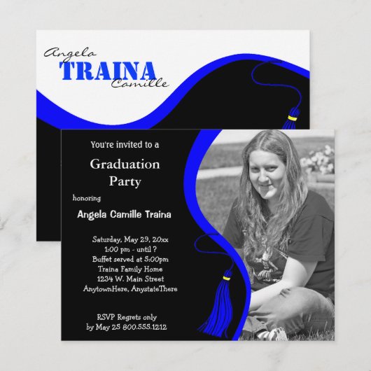 Blauw Afstuderen Horizontale Fotouitnodiging Kaart (Voorkant / Achterkant)