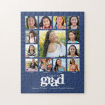 Blauw Afstuderen K-12 Fotocollage Modern Bold Legpuzzel<br><div class="desc">Wees trots, blij en toon deze mijlpaal van je favoriete afstudeerder. Creëer deze elegante, eenvoudige, moderne, gepersonaliseerde middelbare school afstuderen K - 12 foto-collage jigzaag puzzle voor een keepasje dat je altijd zult koesteren. Een leuke, speelse visuele weergave van gedurfde, grafische, witte typografie, samen met hun naam, lesjaar, school en...</div>