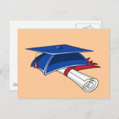 Blauw afstuderen pet met scroll en rode band aankondigingskaart (Voorkant / Achterkant)