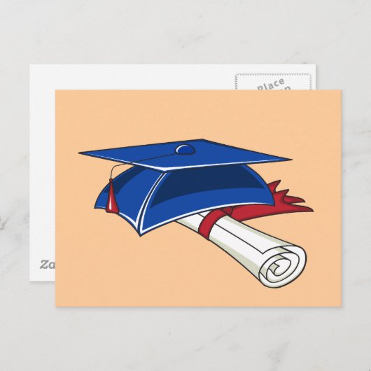 Blauw afstuderen pet met scroll en rode band aankondigingskaart (Voorkant / Achterkant)